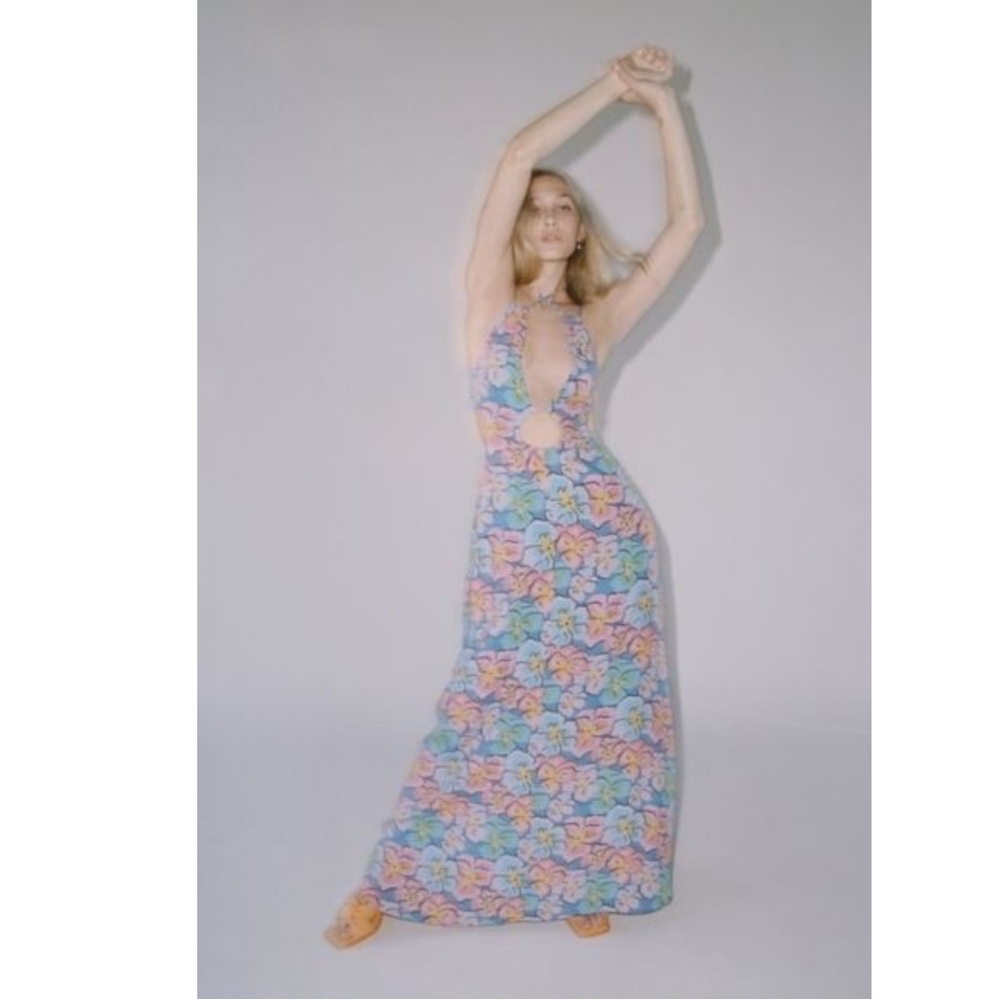 For Love & Lemons Yasmin Open Back Floral Maxi Dress XS Cut Out Plunge Summer - Picture 16 of 17